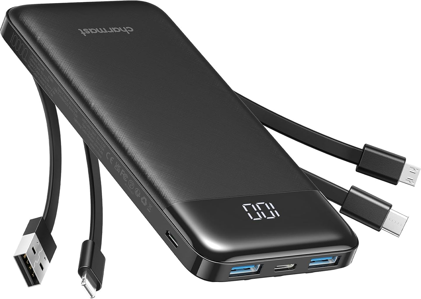 Charmast Batterie Externe, 10000mAh Power Bank avec 4 Câbles Intégrés, USB C Mince Batterie Portable Compatible avec iPhone 16/15/14, AirPods, iPad, Samsung etc