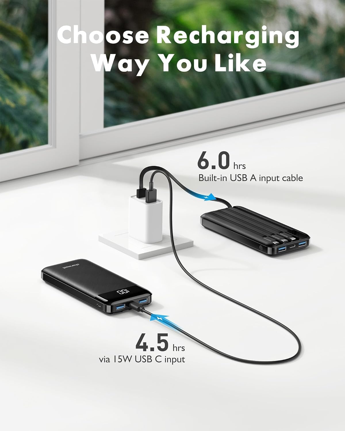 Charmast Batterie Externe, 10000mAh Power Bank avec 4 Câbles Intégrés, USB C Mince Batterie Portable Compatible avec iPhone 16/15/14, AirPods, iPad, Samsung etc
