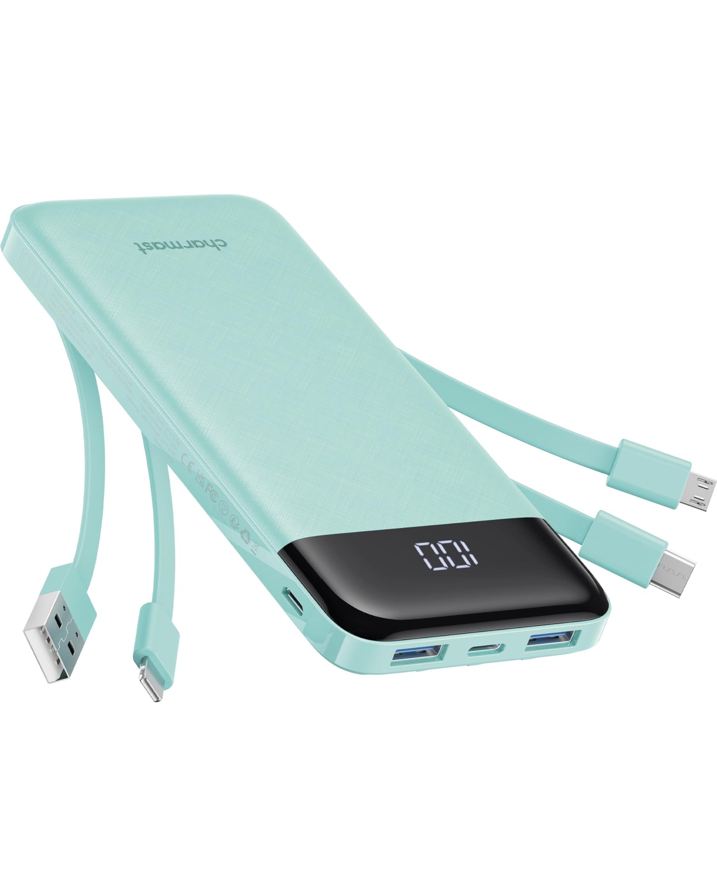 Charmast Batterie Externe, 10000mAh Power Bank avec 4 Câbles Intégrés, USB C Mince Batterie Portable Compatible avec iPhone 16/15/14, AirPods, iPad, Samsung etc