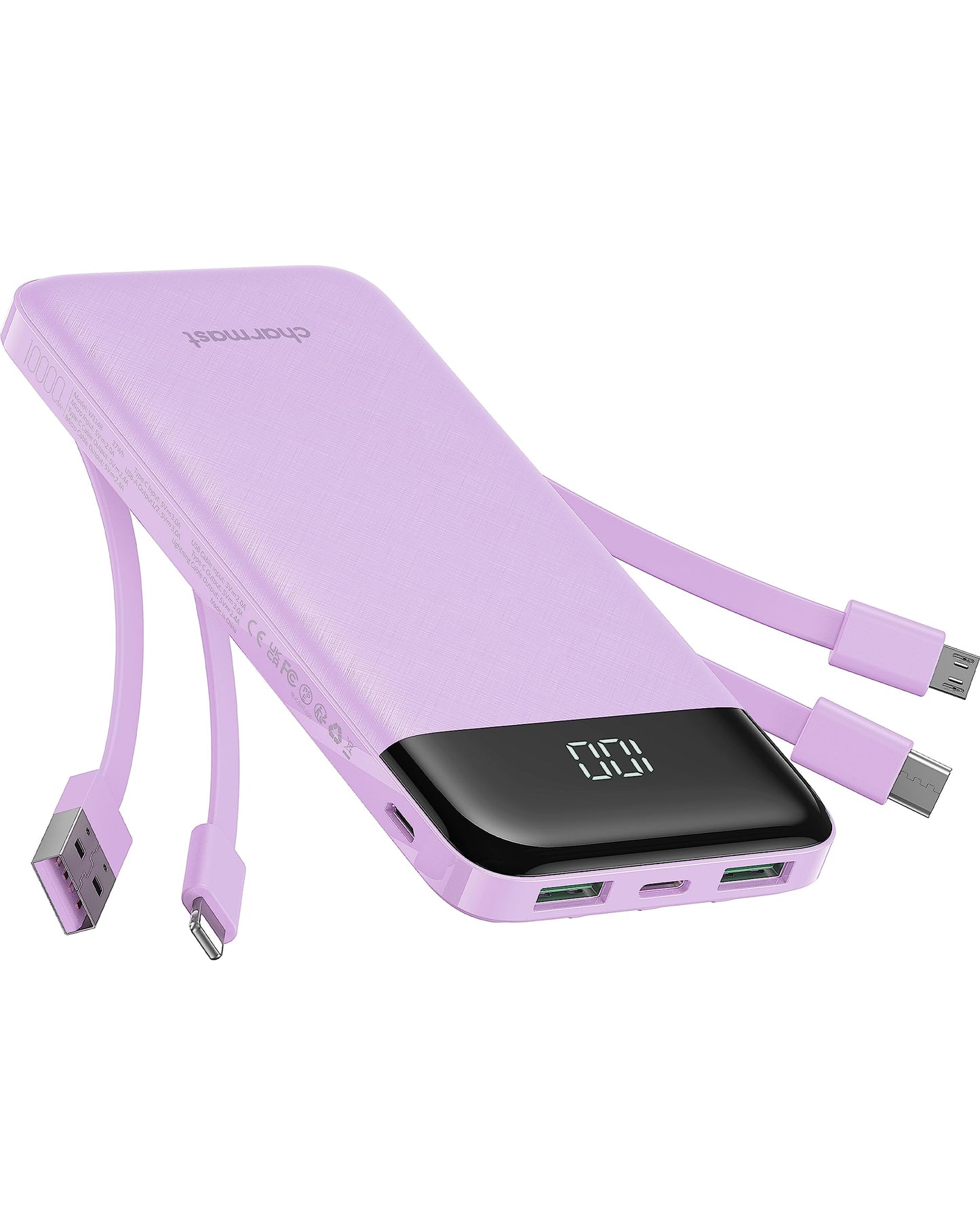 Charmast Batterie Externe, 10000mAh Power Bank avec 4 Câbles Intégrés, USB C Mince Batterie Portable Compatible avec iPhone 16/15/14, AirPods, iPad, Samsung etc