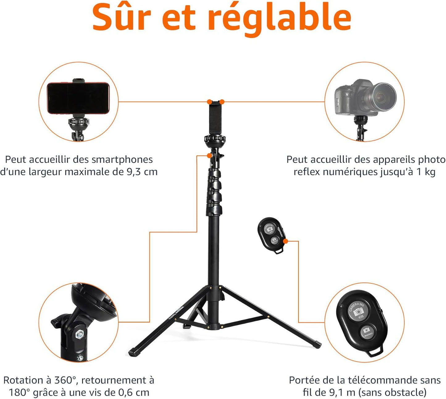 Amazon Basics Trépied pour iPhones extensible jusqu’à 162 cm avec fonctions perche à selfie et trépied, noir