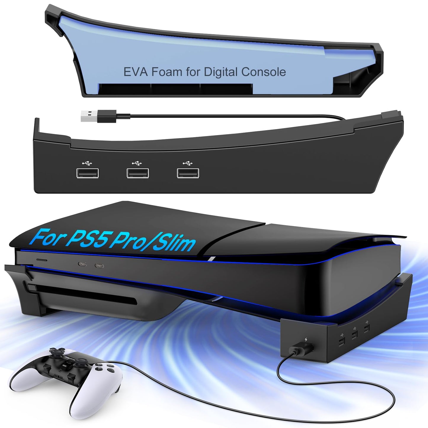 Support Horizontal pour Nouvelle Console PS5 Slim avec Hub USB 4 Ports, Base Support Accessoires pour 2023 Playstation 5 Slim Disc & Digital Edition, Support avec 4 Ports USB 2.0 Date pour Chargement