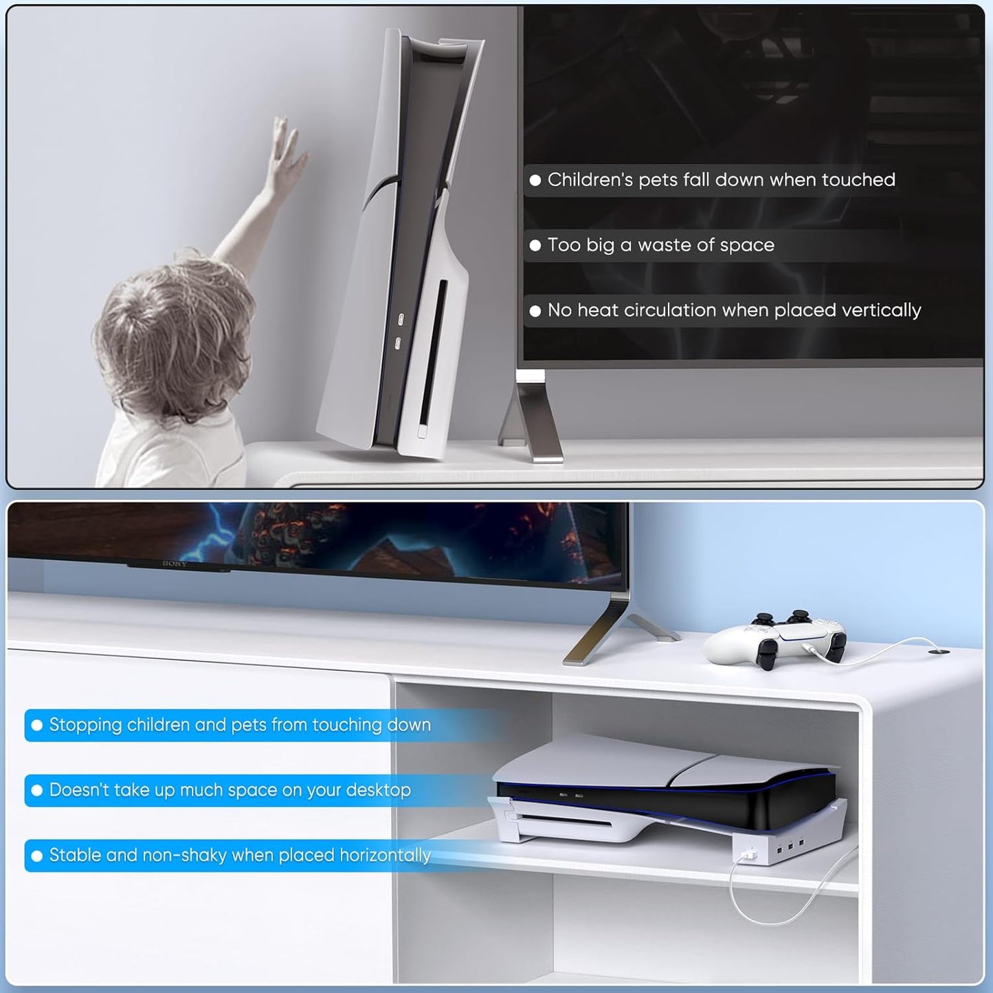 Support Horizontal pour Nouvelle Console PS5 Slim avec Hub USB 4 Ports, Base Support Accessoires pour 2023 Playstation 5 Slim Disc & Digital Edition, Support avec 4 Ports USB 2.0 Date pour Chargement