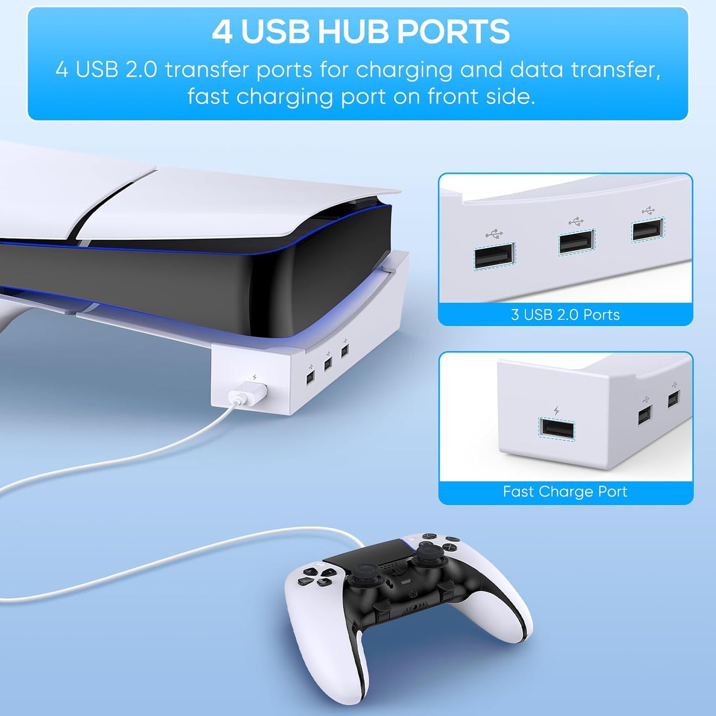Support Horizontal pour Nouvelle Console PS5 Slim avec Hub USB 4 Ports, Base Support Accessoires pour 2023 Playstation 5 Slim Disc & Digital Edition, Support avec 4 Ports USB 2.0 Date pour Chargement