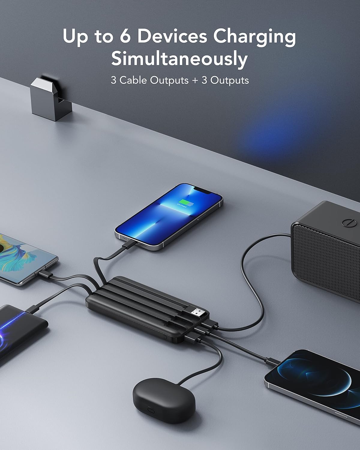 Charmast Batterie Externe, 10000mAh Power Bank avec 4 Câbles Intégrés, USB C Mince Batterie Portable Compatible avec iPhone 16/15/14, AirPods, iPad, Samsung etc