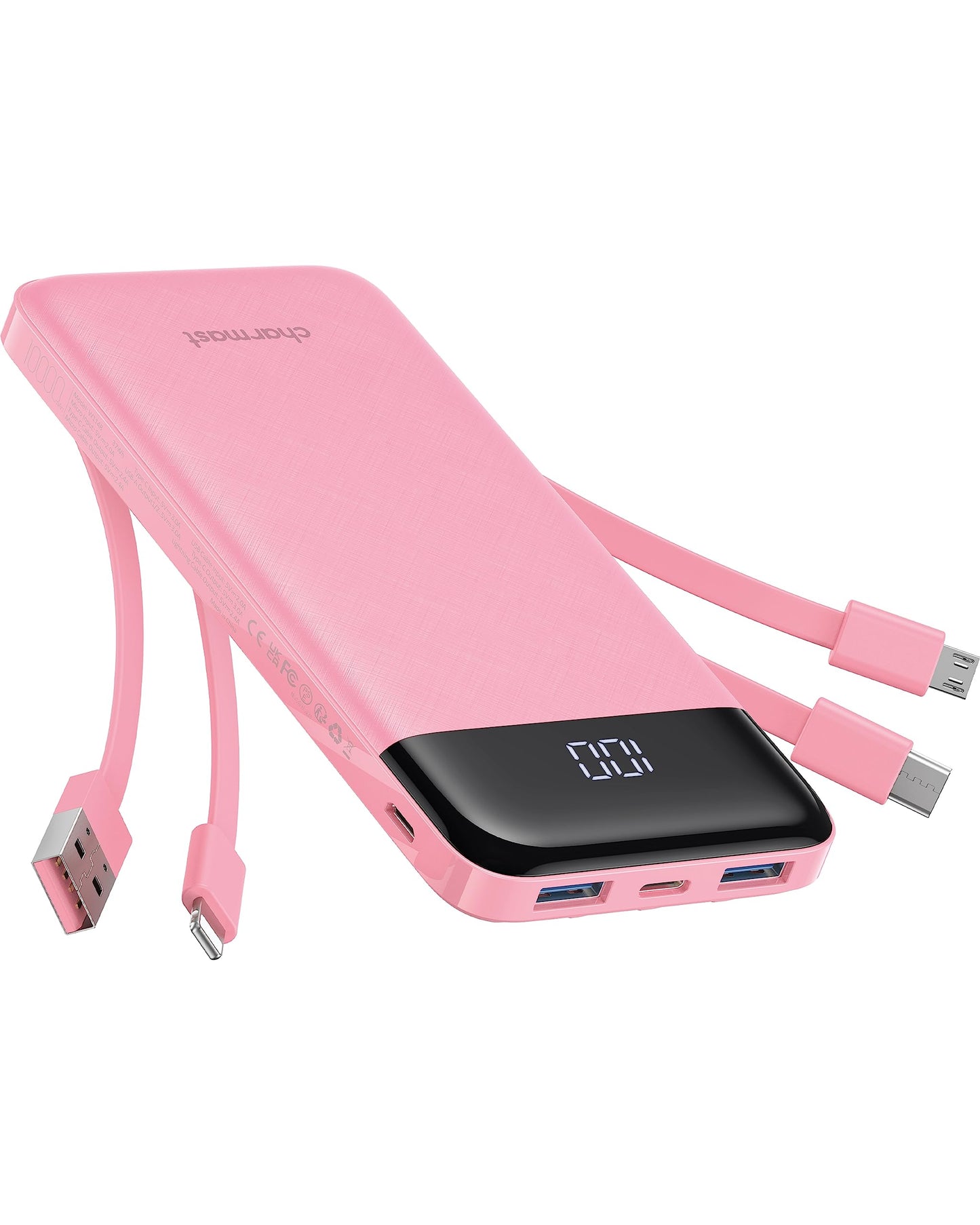 Charmast Batterie Externe, 10000mAh Power Bank avec 4 Câbles Intégrés, USB C Mince Batterie Portable Compatible avec iPhone 16/15/14, AirPods, iPad, Samsung etc