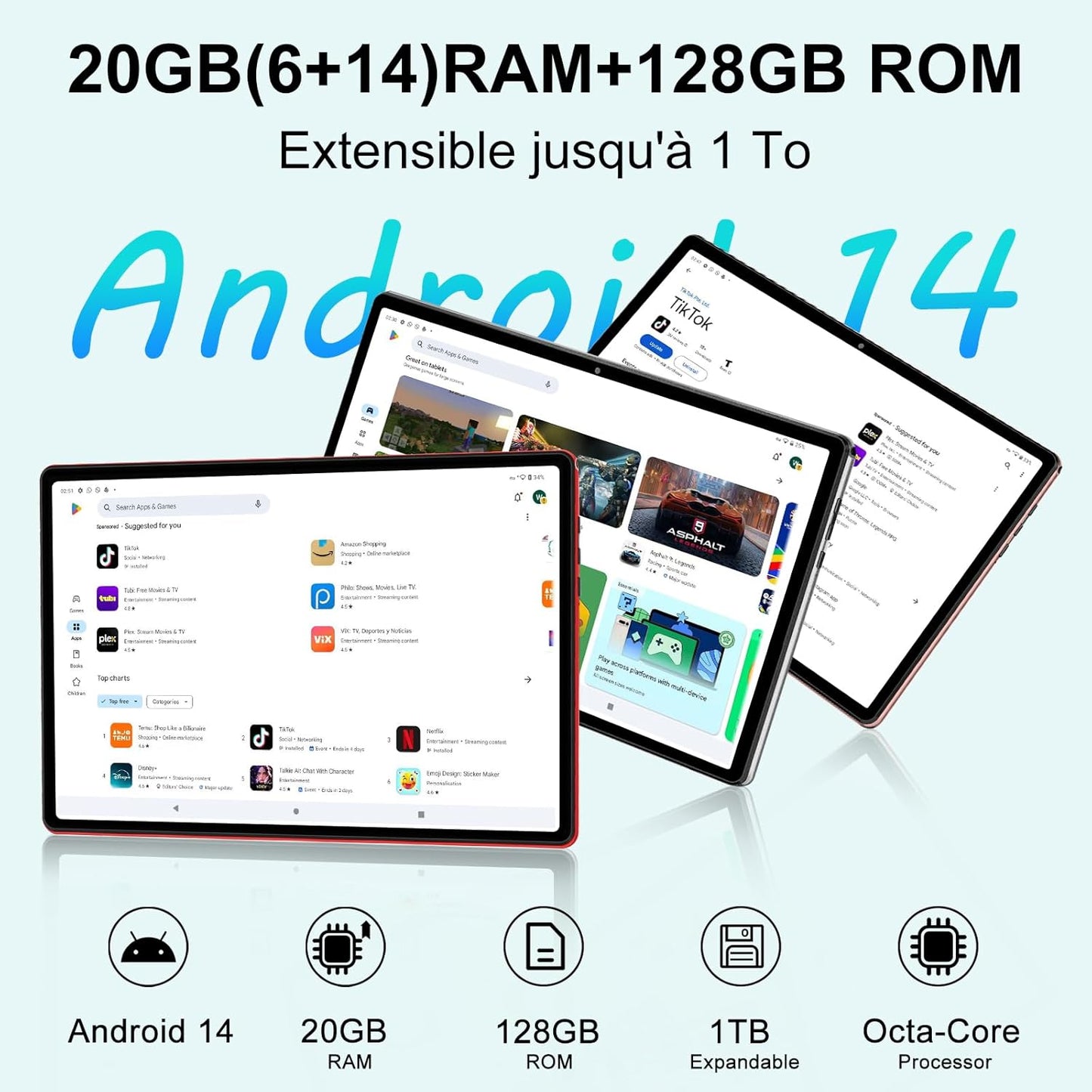 Tablette Android 14 avec 20Go RAM+128Go ROM(TF/1To), 5G+2.4G WiFi 6, Tablette 10 Pouces avec Octa-Core, 6000mAh, GMS Certified, Widevine L1,5MP+8MP,BT5.0,Tablette Tactile avec Clavier+Souris+Cas-Rouge