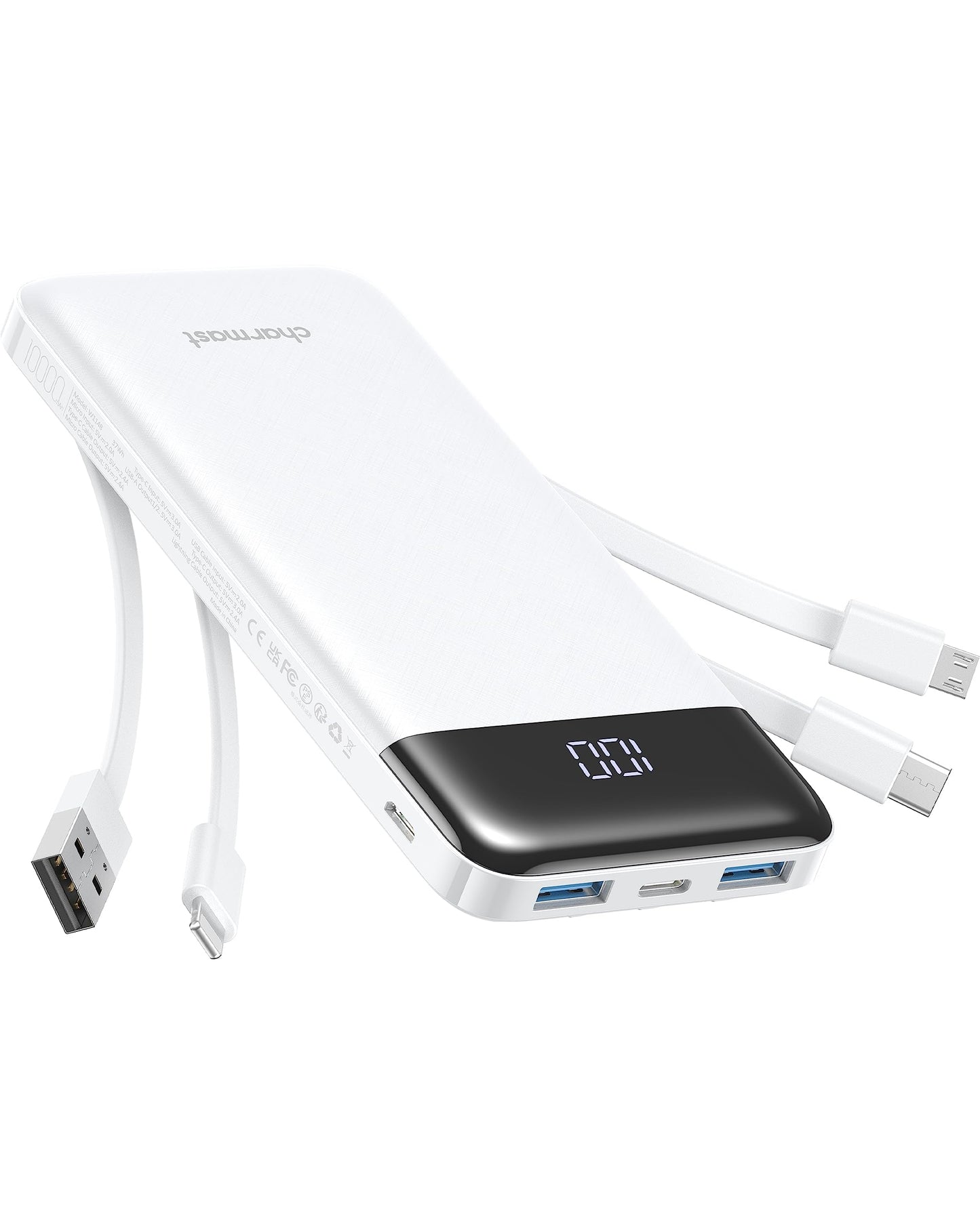 Charmast Batterie Externe, 10000mAh Power Bank avec 4 Câbles Intégrés, USB C Mince Batterie Portable Compatible avec iPhone 16/15/14, AirPods, iPad, Samsung etc