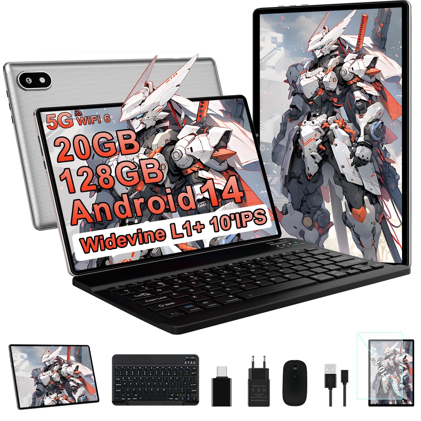 Tablette Android 14 avec 20Go RAM+128Go ROM(TF/1To), 5G+2.4G WiFi 6, Tablette 10 Pouces avec Octa-Core, 6000mAh, GMS Certified, Widevine L1,5MP+8MP,BT5.0,Tablette Tactile avec Clavier+Souris+Cas-Rouge