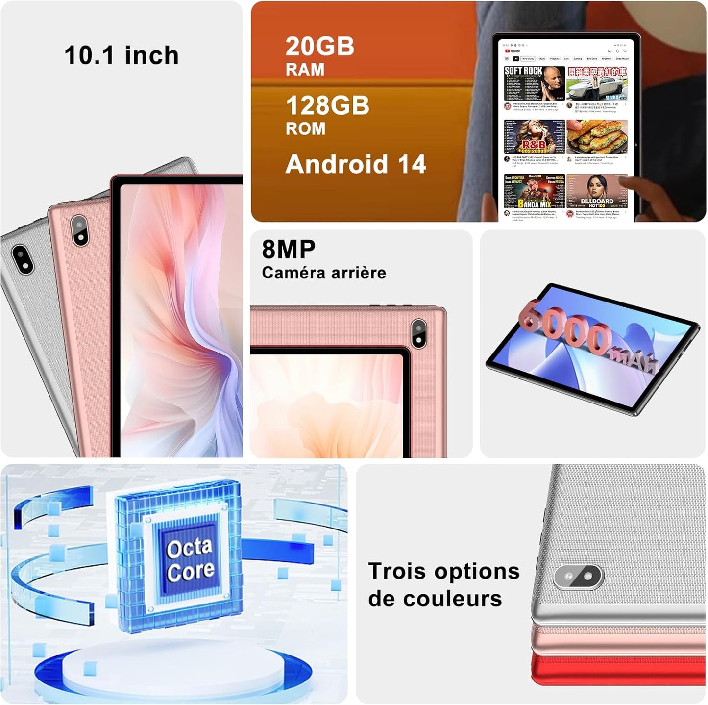 Tablette Android 14 avec 20Go RAM+128Go ROM(TF/1To), 5G+2.4G WiFi 6, Tablette 10 Pouces avec Octa-Core, 6000mAh, GMS Certified, Widevine L1,5MP+8MP,BT5.0,Tablette Tactile avec Clavier+Souris+Cas-Rouge