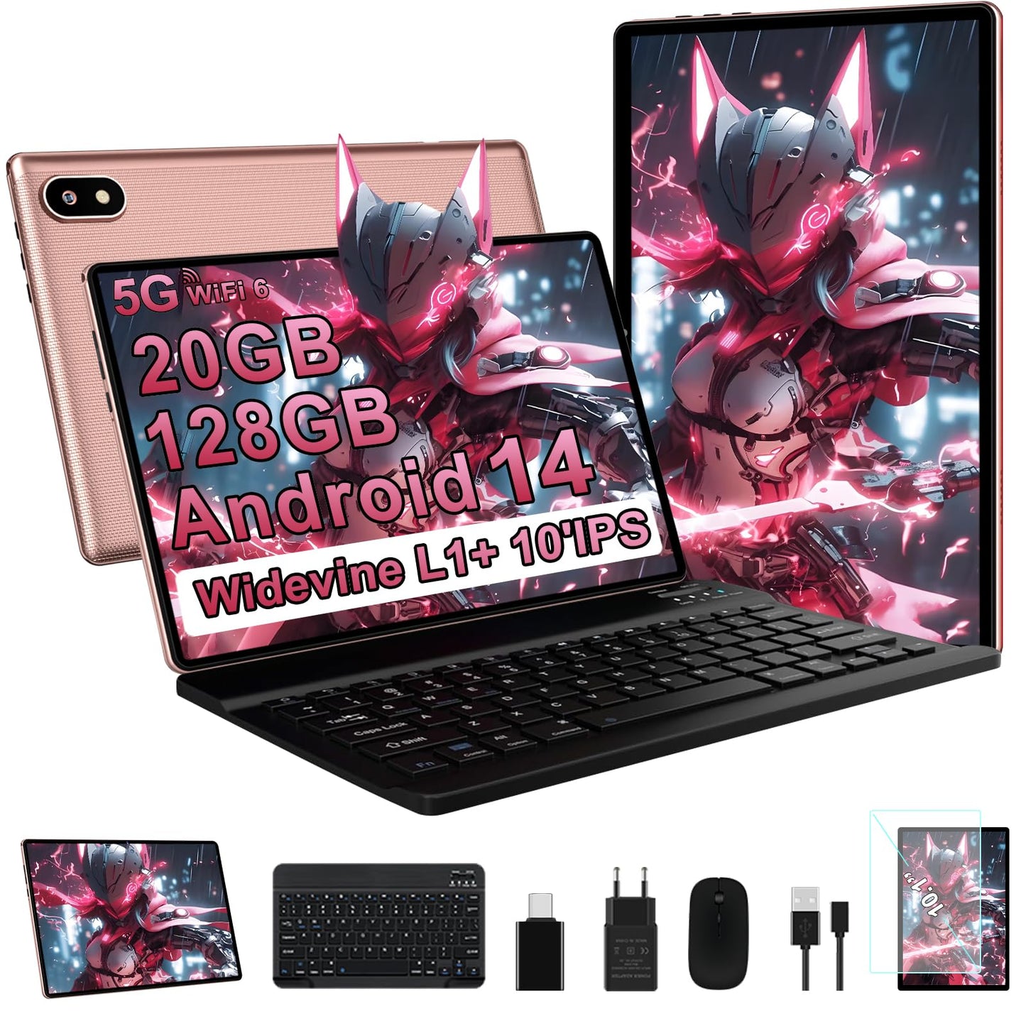 Tablette Android 14 avec 20Go RAM+128Go ROM(TF/1To), 5G+2.4G WiFi 6, Tablette 10 Pouces avec Octa-Core, 6000mAh, GMS Certified, Widevine L1,5MP+8MP,BT5.0,Tablette Tactile avec Clavier+Souris+Cas-Rouge