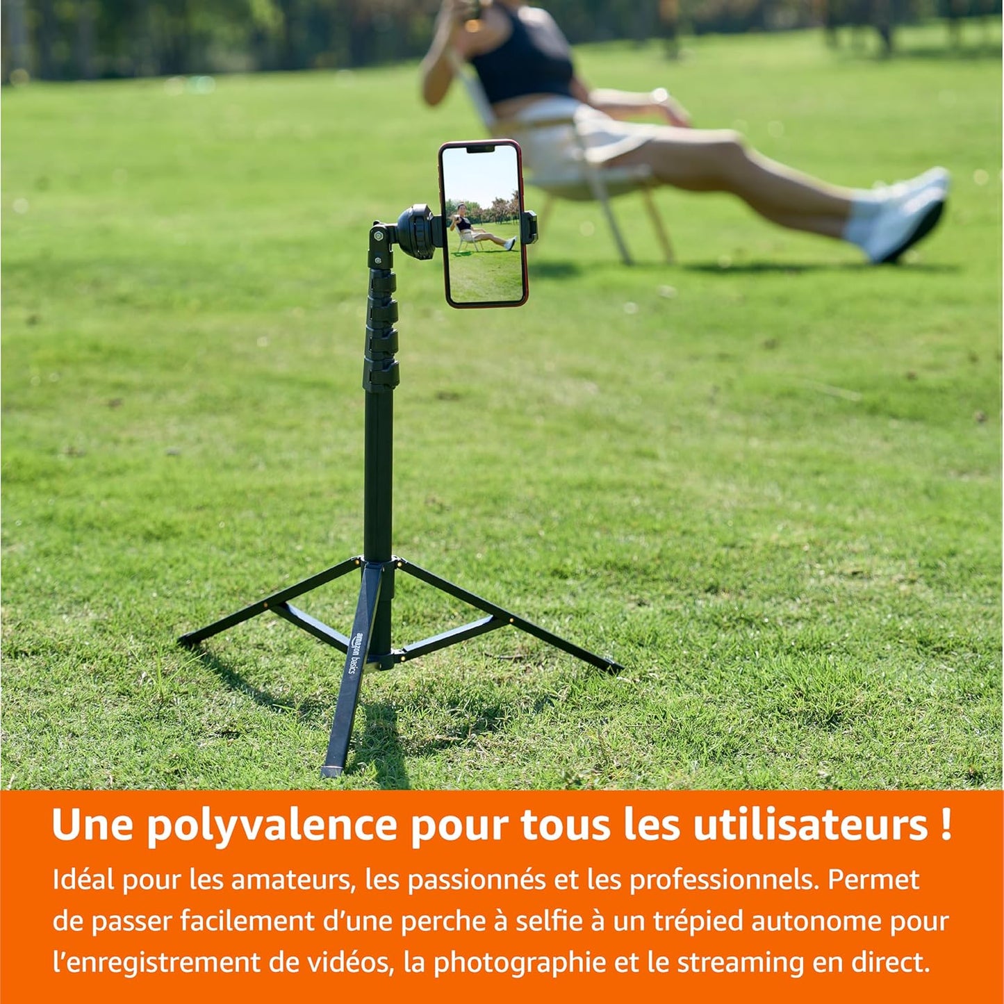 Amazon Basics Trépied pour iPhones extensible jusqu’à 162 cm avec fonctions perche à selfie et trépied, noir