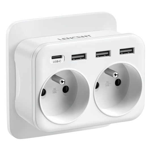 LENCENT Prise USB Secteur Chargeur, Multiprise Murale 6 en 1 avec 2 Sorties AC,1 Type C et 3 USB Multiprise duex Prise Françaises pour Chambre Cuisine Bureau