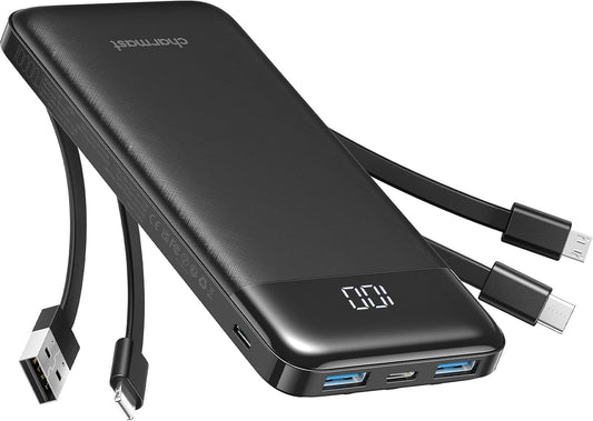 Charmast Batterie Externe, 10000mAh Power Bank avec 4 Câbles Intégrés, USB C Mince Batterie Portable Compatible avec iPhone 16/15/14, AirPods, iPad, Samsung etc