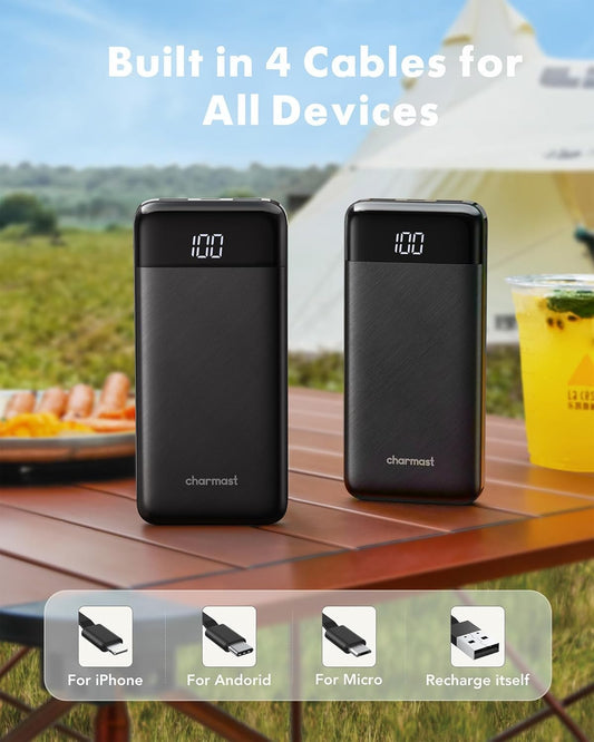 Charmast Batterie Externe, 10000mAh Power Bank avec 4 Câbles Intégrés, USB C Mince Batterie Portable Compatible avec iPhone 16/15/14, AirPods, iPad, Samsung etc
