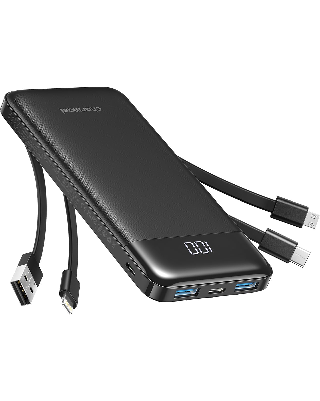 Charmast Batterie Externe, 10000mAh Power Bank avec 4 Câbles Intégrés, USB C Mince Batterie Portable Compatible avec iPhone 16/15/14, AirPods, iPad, Samsung etc