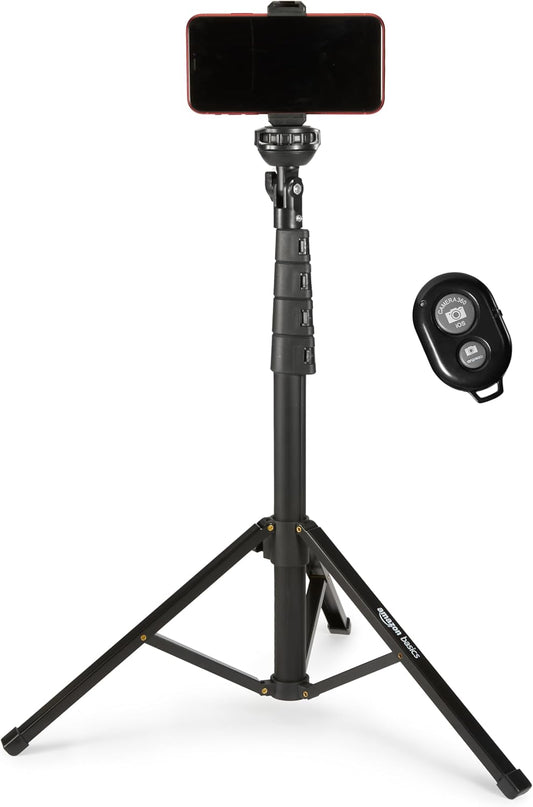 Amazon Basics Trépied pour iPhones extensible jusqu’à 162 cm avec fonctions perche à selfie et trépied, noir
