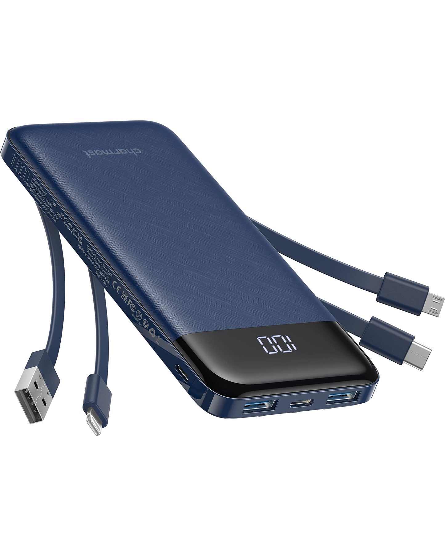 Charmast Batterie Externe, 10000mAh Power Bank avec 4 Câbles Intégrés, USB C Mince Batterie Portable Compatible avec iPhone 16/15/14, AirPods, iPad, Samsung etc