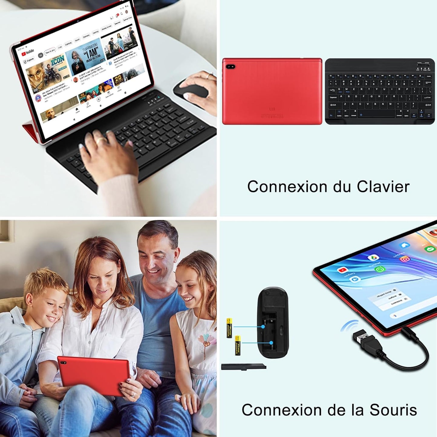 Tablette Android 14 avec 20Go RAM+128Go ROM(TF/1To), 5G+2.4G WiFi 6, Tablette 10 Pouces avec Octa-Core, 6000mAh, GMS Certified, Widevine L1,5MP+8MP,BT5.0,Tablette Tactile avec Clavier+Souris+Cas-Rouge