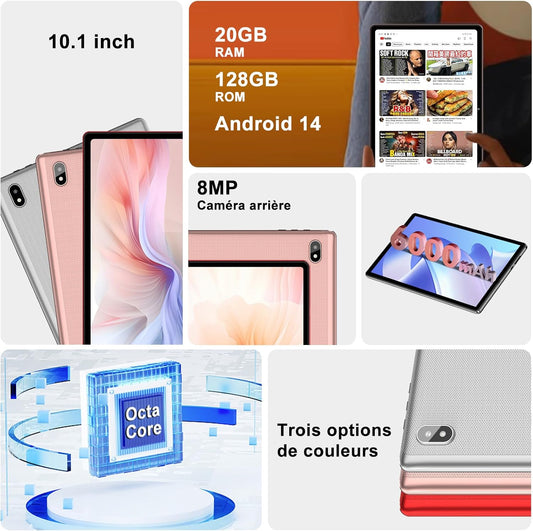 Tablette Android 14 avec 20Go RAM+128Go ROM(TF/1To), 5G+2.4G WiFi 6, Tablette 10 Pouces avec Octa-Core, 6000mAh, GMS Certified, Widevine L1,5MP+8MP,BT5.0,Tablette Tactile avec Clavier+Souris+Cas-Rouge