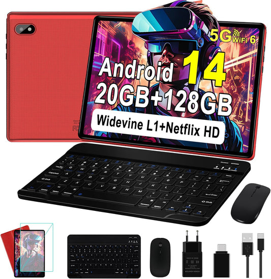Tablette Android 14 avec 20Go RAM+128Go ROM(TF/1To), 5G+2.4G WiFi 6, Tablette 10 Pouces avec Octa-Core, 6000mAh, GMS Certified, Widevine L1,5MP+8MP,BT5.0,Tablette Tactile avec Clavier+Souris+Cas-Rouge